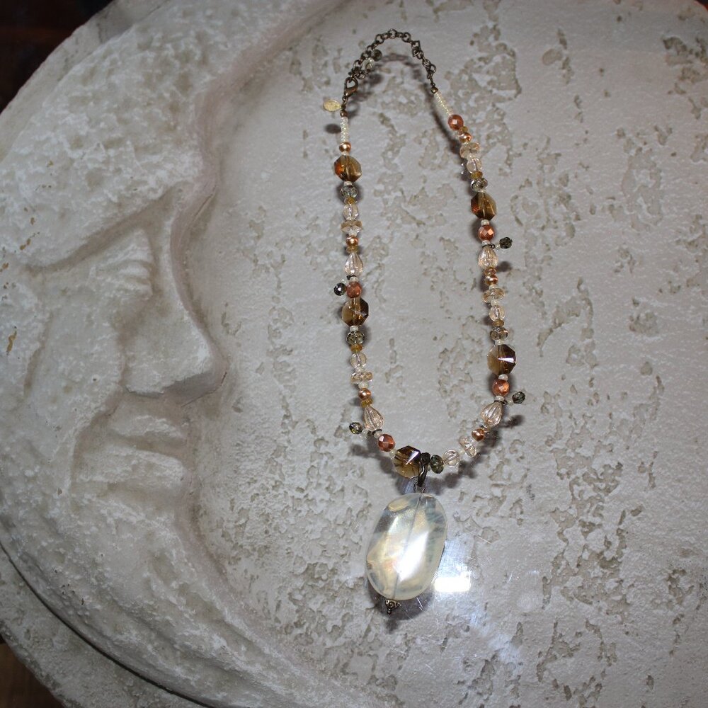 Chico’s Chunky Retro Boho Beaded Necklace with Iridescent Oval Glass Pendant